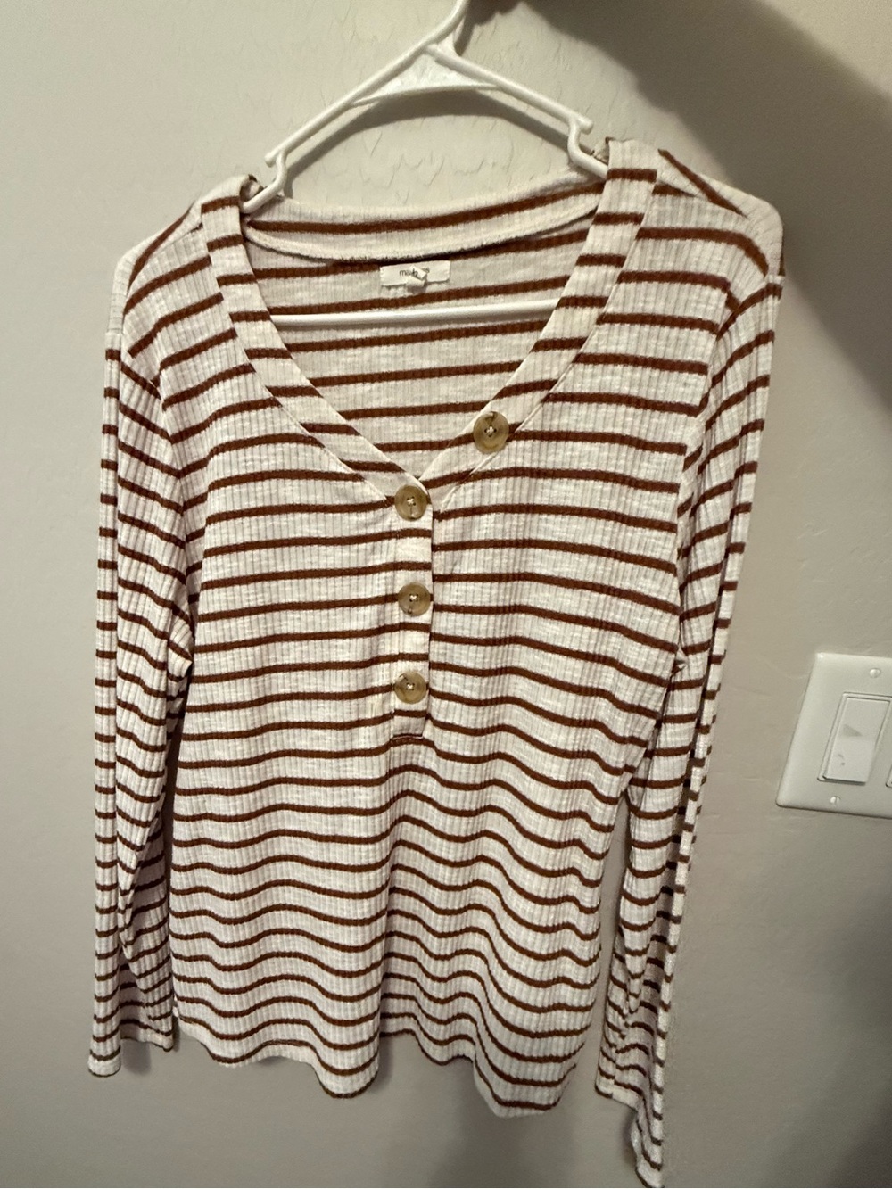 Maurices Ribbed Striped Henley Long Sleeve - Cream & Brown